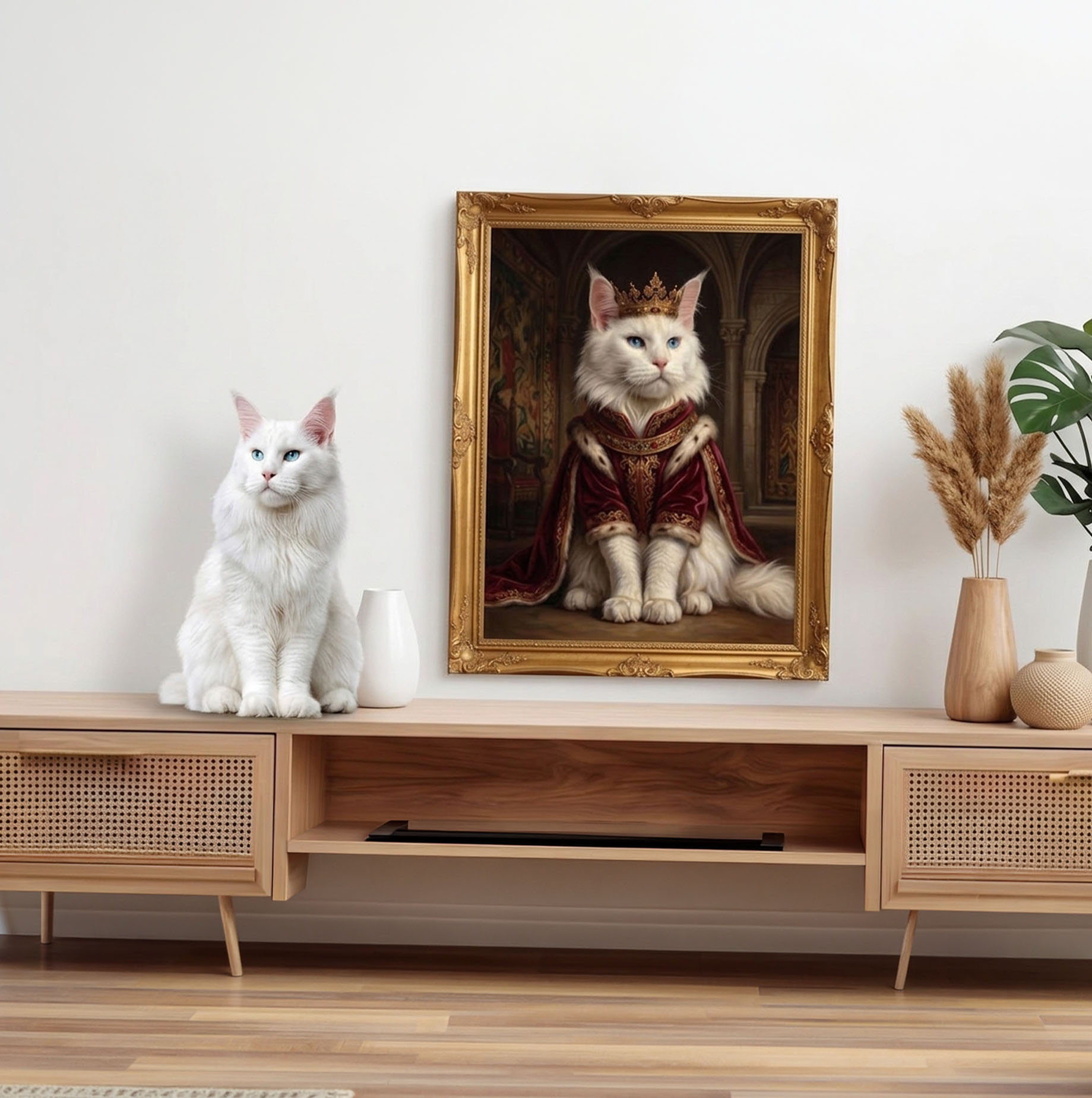 A cat next to its royal Catsy portrait on the wall